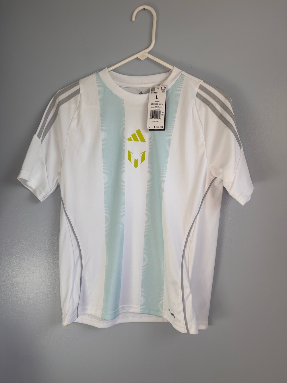 adidas White & Light Blue Messi Training Jersey Sz YL (13-14Y). NWT